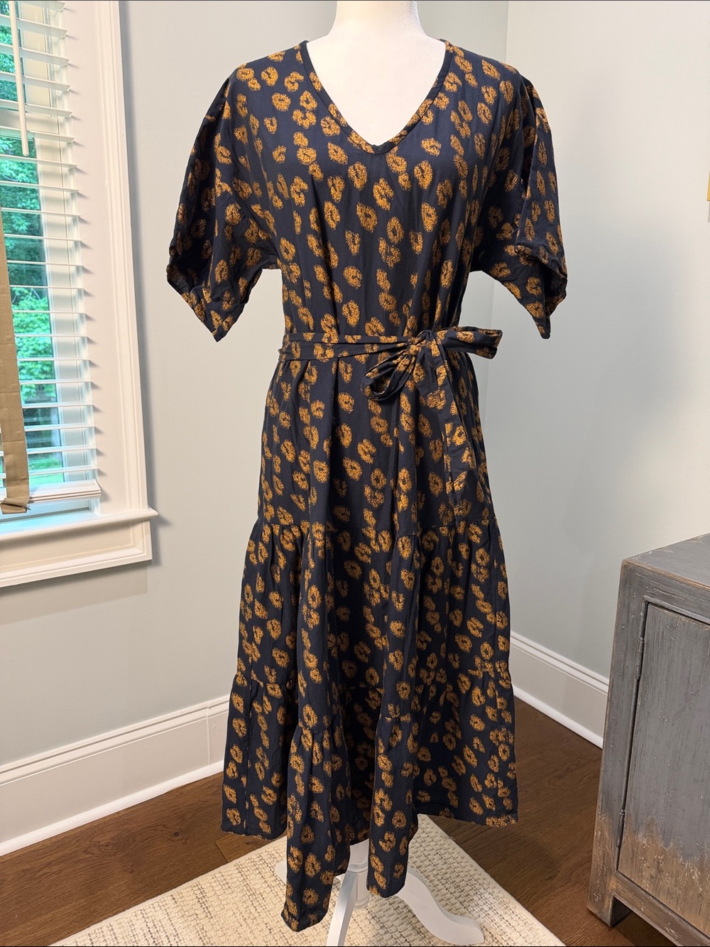 Trina Turk Navy Blue Maxi Dress with Leopard Spots and Waist Tie. Size Small.